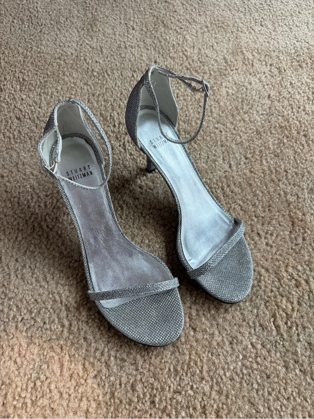 Stuart Weitzman Silver Mini Glitter Nudistsong Ankle Strap Heels 7.5